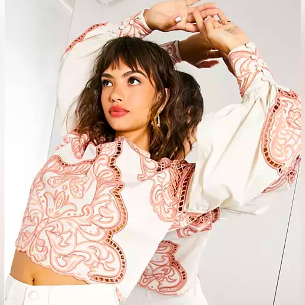 ASOS EDITION embroidered cotton top with puff sleeve in cream and stone rose.